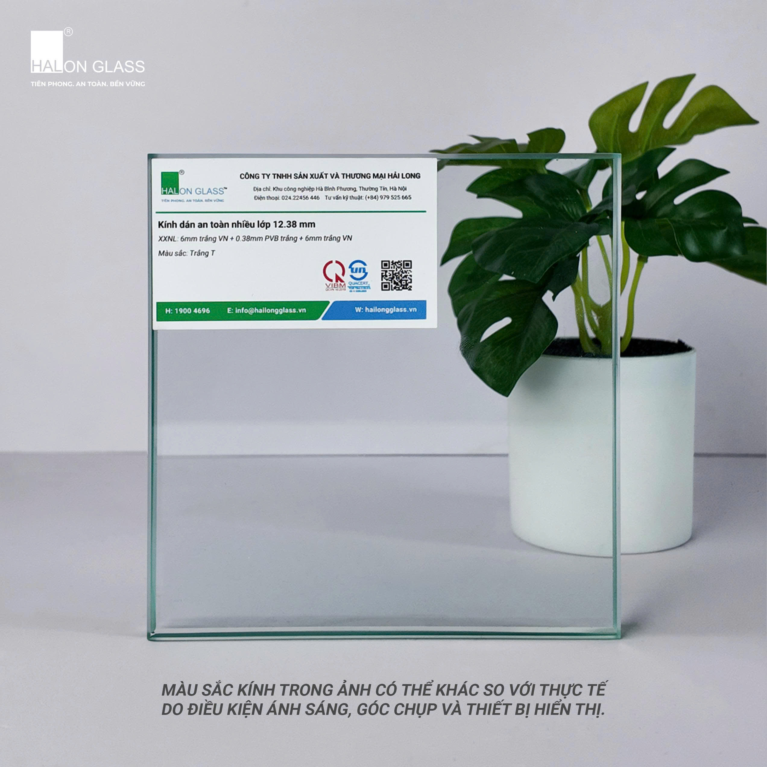 Tấm kính dán an toàn nhiều lớp 12.38 mm màu trắng trong của Halong Glass, cấu tạo kính 6 mm và lớp PVB 0.38 mm